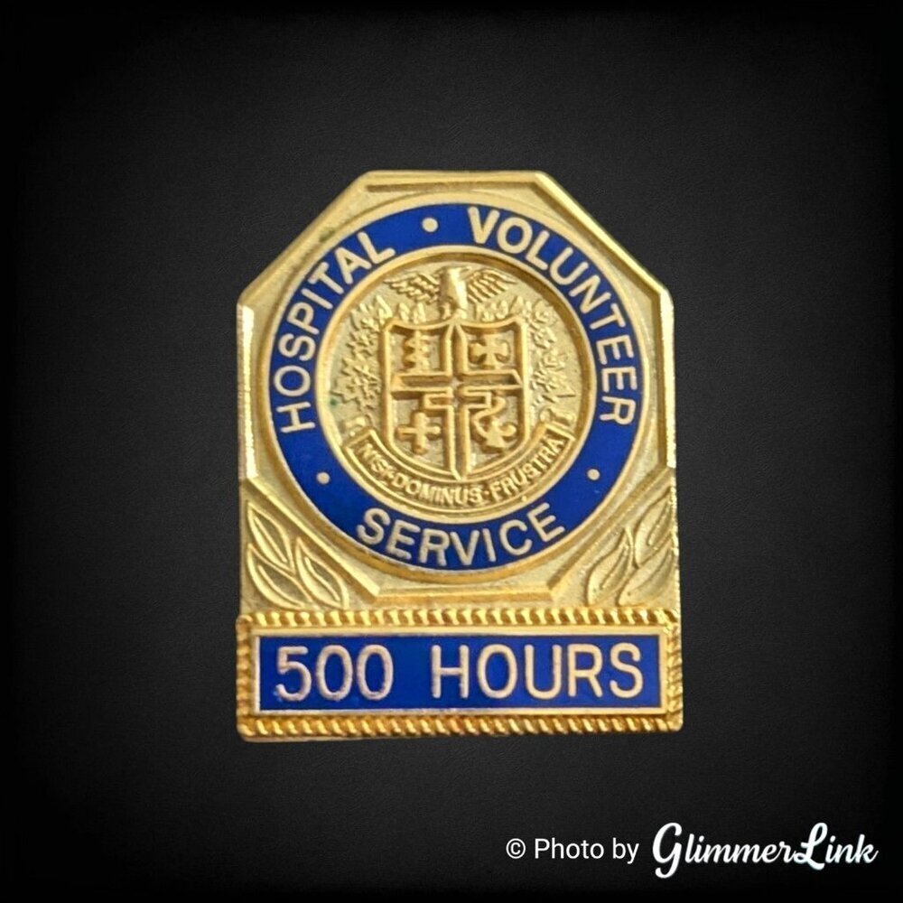 Vintage Hospital Volunteer Service Pin Blue Enamel Gold Tone 500 Hours Award